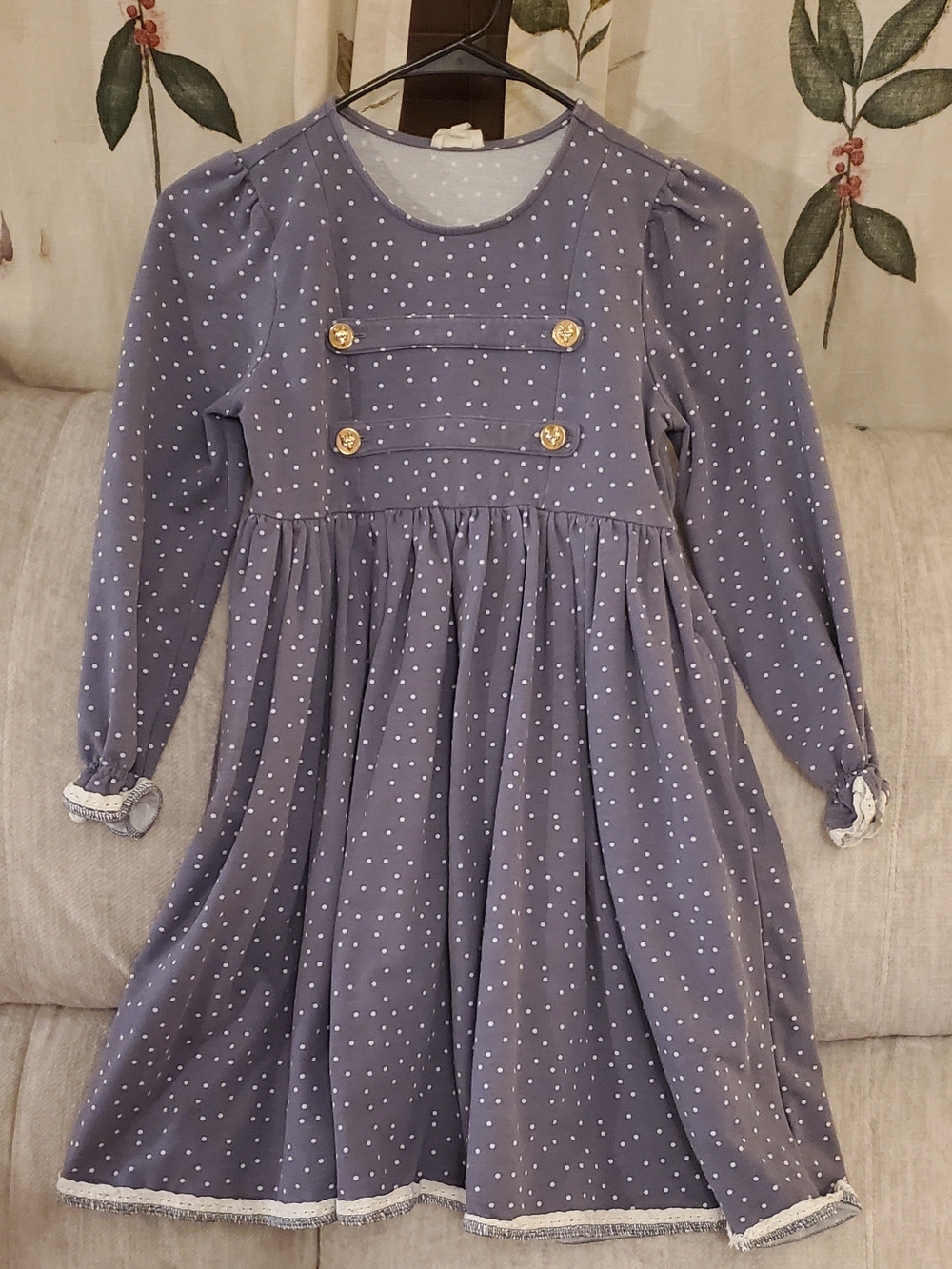 Girls' Polka Dot Long Sleeve Dress with Gold Button Trim
